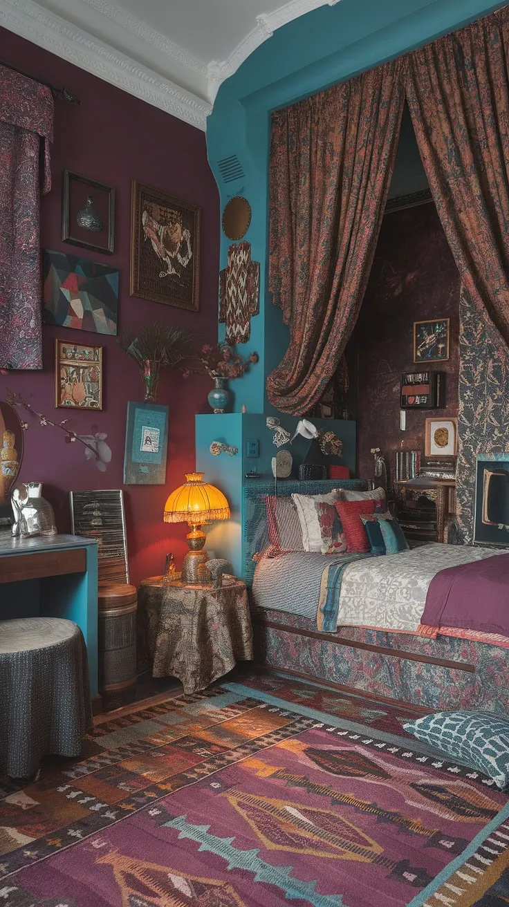 Dive into the rich tapestry of this jewel tone vintage bedroom.  The eclectic Victorian influences blend seamlessly with a playful maximalist aesthetic, creating a colorful eclectic bedroom that's both cozy and inspiring.  This tiny maximalist bedroom is a masterclass in mixed patterns, offering endless eclectic bedroom decor ideas for those who dare to embrace bold style.