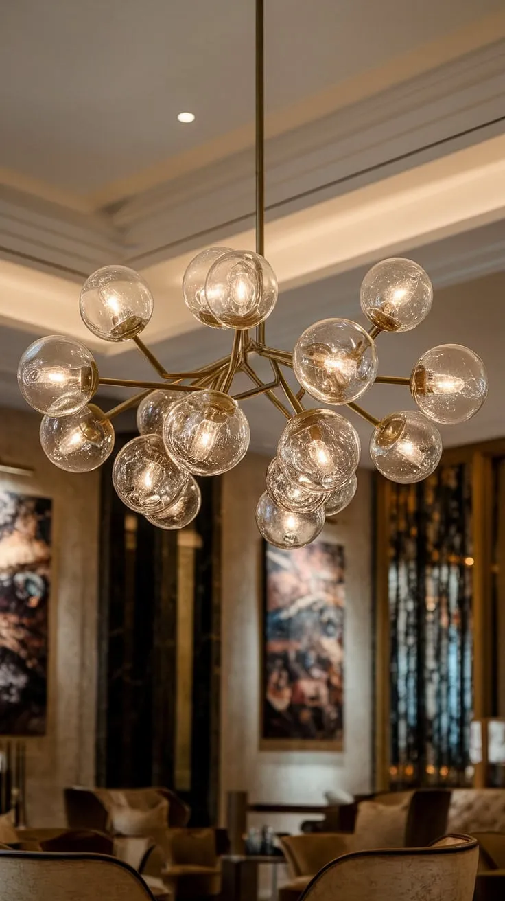 Bathed in the warm glow of a magnificent chandelier, this luxurious space exudes elegance. The crystal globes cast a soft light, illuminating the rich textures and artwork, creating an atmosphere of refined comfort. A testament to timeless design and sophisticated living.