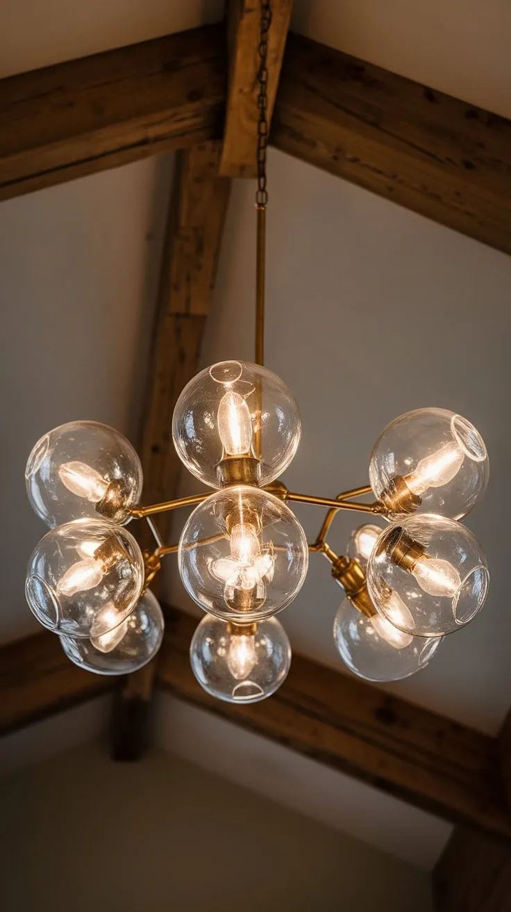 A stunning luminaire, this chandelier's glass globes diffuse a warm, inviting light throughout the room. The interplay of light and shadow, accentuated by the rustic wooden beam, creates a captivating ambiance. A truly breathtaking focal point, adding a touch of old-world charm and sophistication.