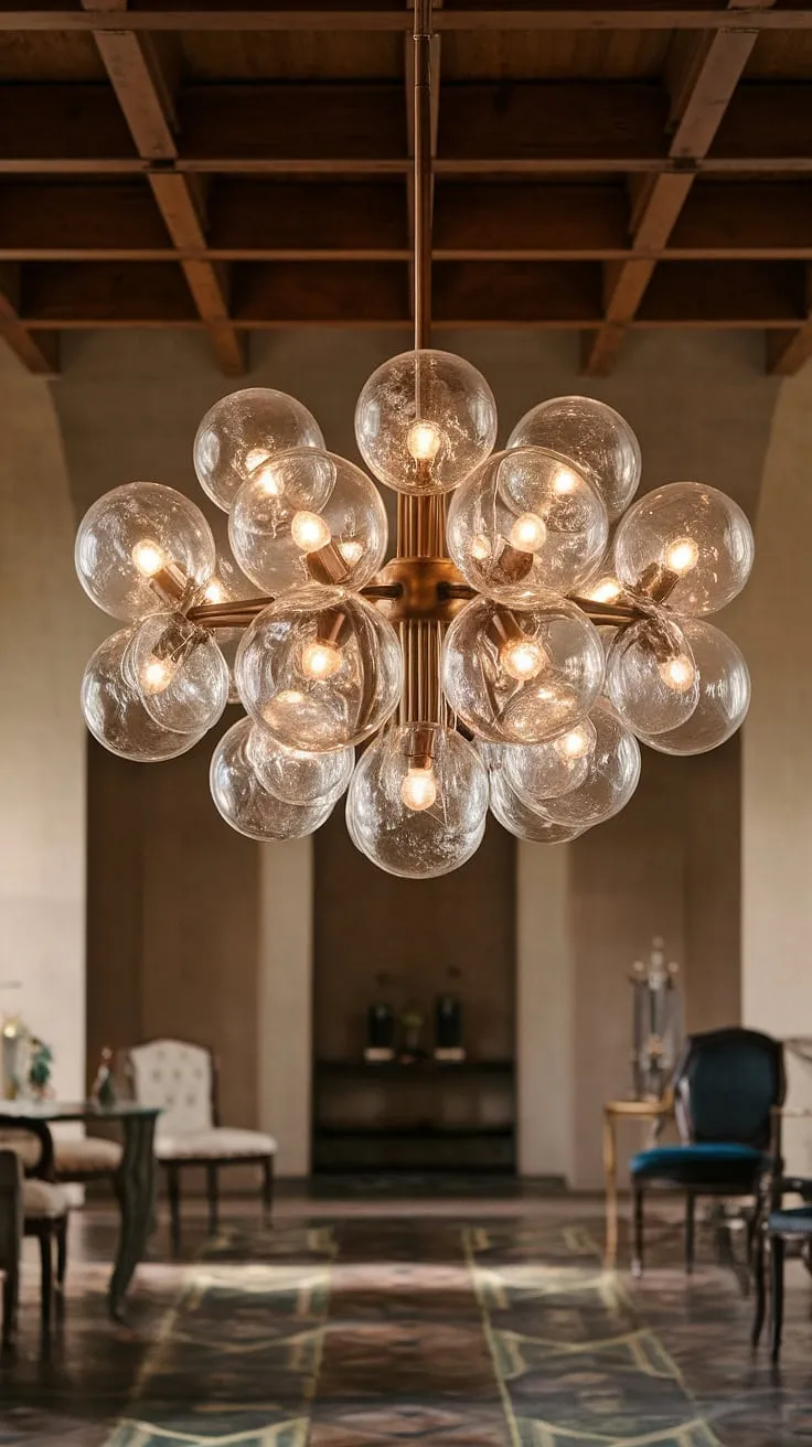A breathtaking chandelier, its clear glass globes catching and diffusing the light, creates a mesmerizing ambiance. The luminaire design is a masterpiece, perfectly complementing the room's wooden ceiling and patterned floor. A truly captivating addition, it transforms the space into a haven of understated luxury. A perfect example of how lighting can elevate a room.