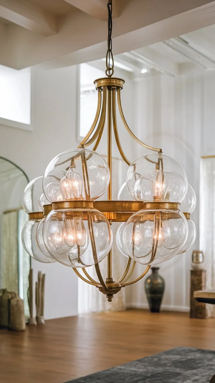 Bathed in the warm glow of the brass chandelier, the clear glass globes cast a soft, inviting light across the room. A testament to timeless elegance, this luminaire is the centerpiece of a sophisticated space, its gentle curves reflecting in the nearby mirror. A perfect blend of classic design and modern ambiance.