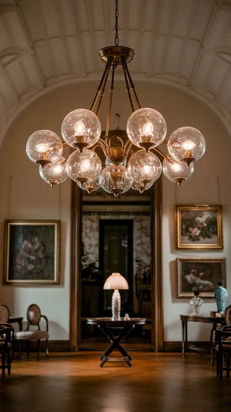 Bathed in the warm glow of a magnificent chandelier, its glass globes casting dancing lights across the high-ceilinged room, the atmosphere is one of refined elegance. A testament to timeless design, the space is further enhanced by the artwork adorning the walls and the inviting glow of a table lamp. A perfect setting for quiet contemplation.