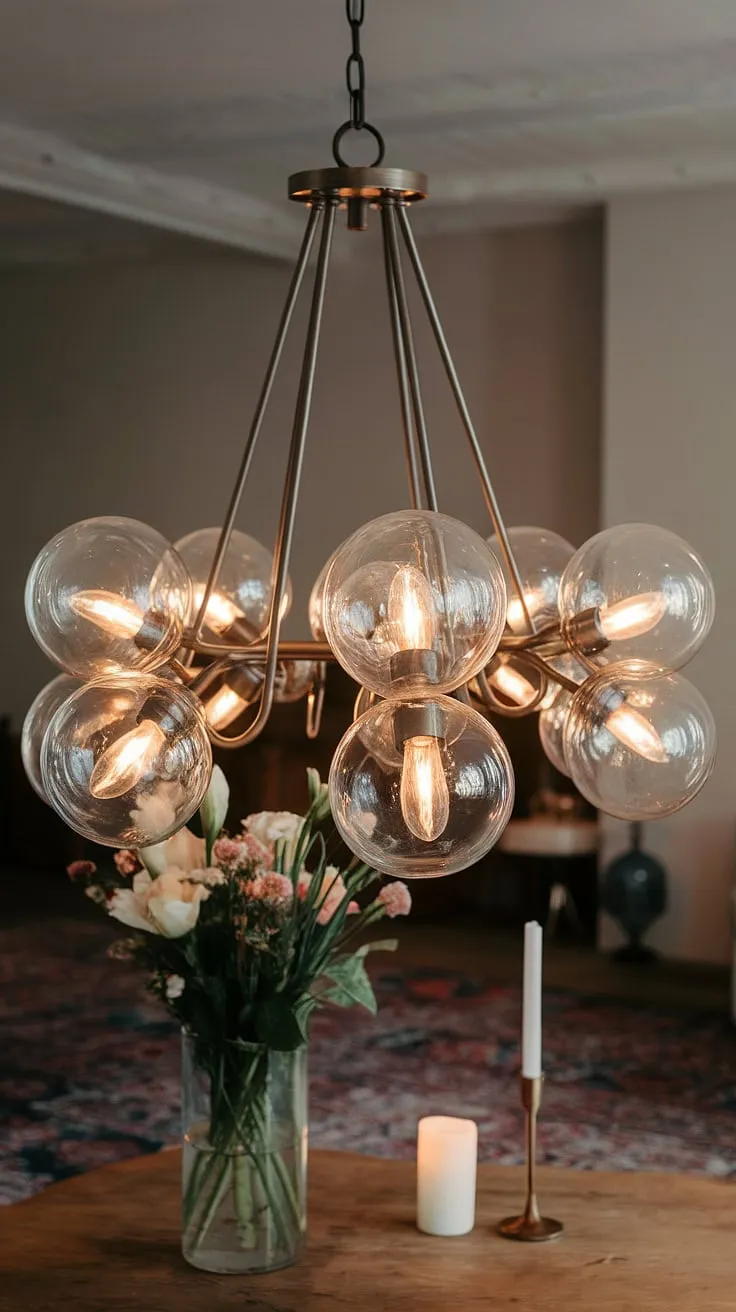 Bathed in the warm glow of its glass globes, the elegant chandelier casts a captivating light, transforming the simple wooden table and its floral arrangement into a scene of quiet sophistication. A testament to timeless design, it's a centerpiece that speaks volumes about the refined taste of its owner. A perfect blend of artistry and illumination, it's more than just a light fixture; it's a statement.