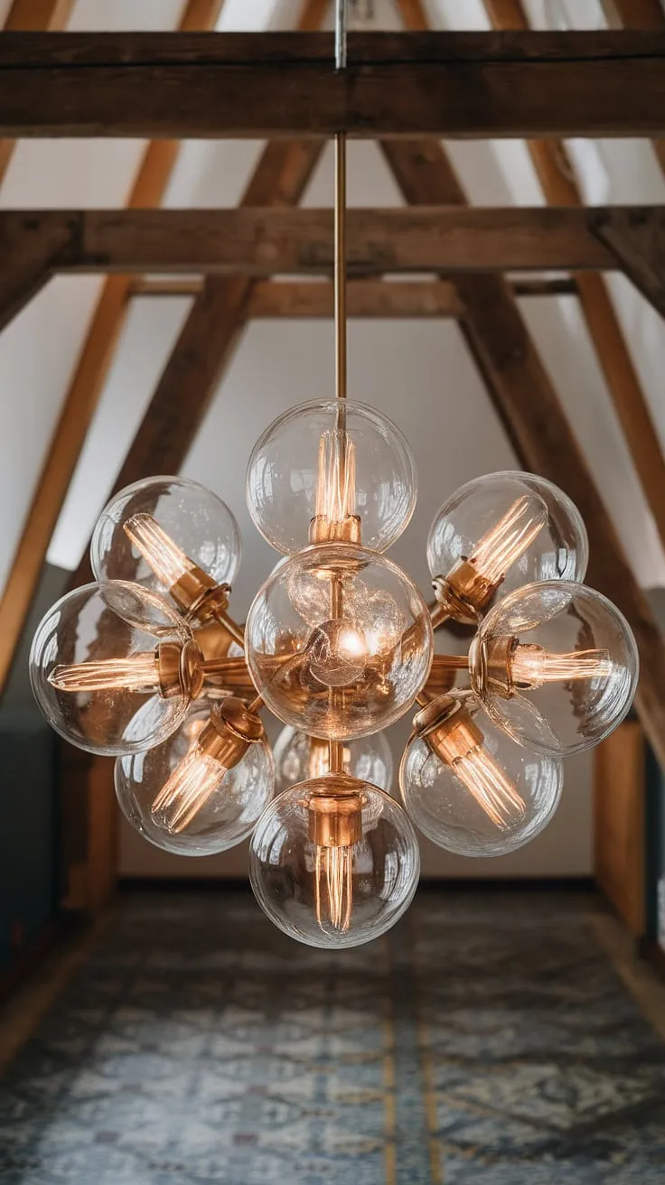 A symphony of light and glass, this luminaire's golden globes dance with the shadows cast by the wooden beams above. A breathtaking focal point, it elevates the room's ambiance with its sophisticated design and warm, inviting glow. A perfect blend of rustic charm and modern elegance.