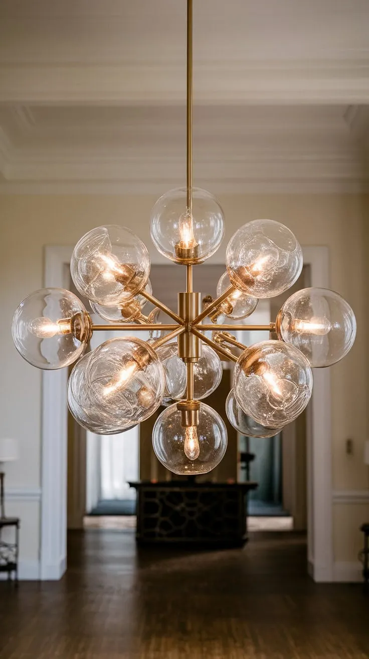 Bathed in the warm glow of this elegant chandelier, the dining room feels both grand and intimate. The light dances across the polished wooden floor, creating a scene of understated luxury. A perfect setting for cherished moments and unforgettable dinners.