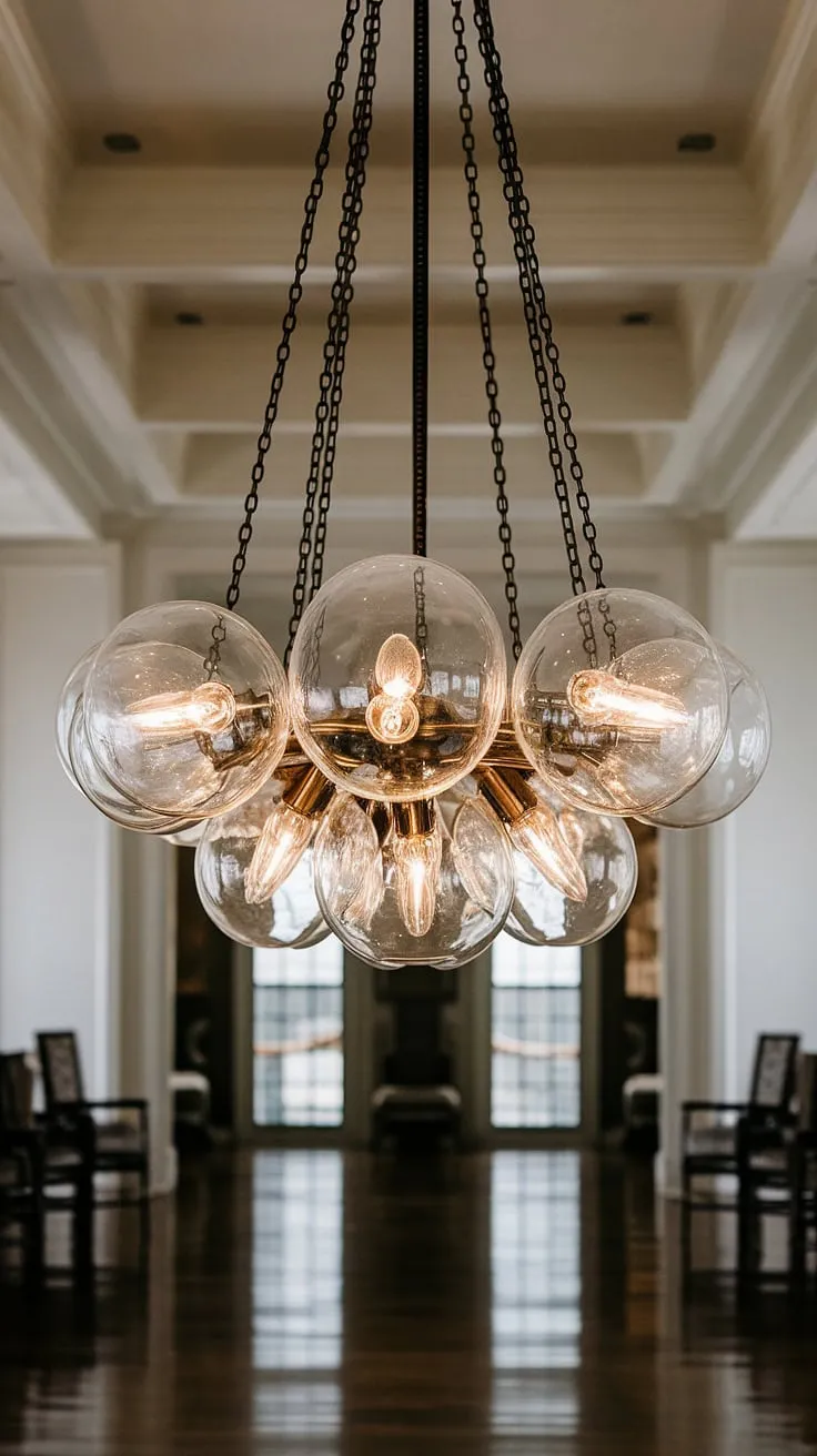 A symphony of light and glass, this elegant chandelier casts a warm glow across the polished wooden floor, illuminating the space with a timeless grace. Its delicate curves and clear globes create a breathtaking focal point, a testament to refined design.