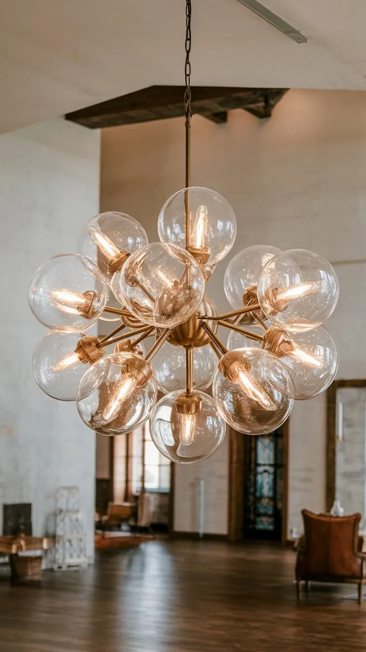 Bathed in the warm glow of its many glass globes, the chandelier casts a captivating light across the high-ceilinged room, its elegant form a stunning centerpiece. A testament to timeless design, it transforms the space into a haven of sophisticated ambiance. A true work of art, it illuminates not just the room, but the very soul of the home.