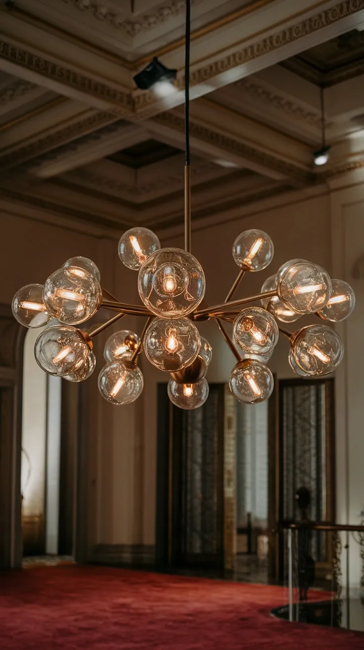 A breathtaking chandelier, its glass globes shimmering with a warm, inviting light, dominates the high-ceilinged room. The ornate details of the architecture are beautifully highlighted by the chandelier's glow, creating a scene of opulent sophistication. A truly stunning centerpiece, it transforms the space into a haven of elegance.