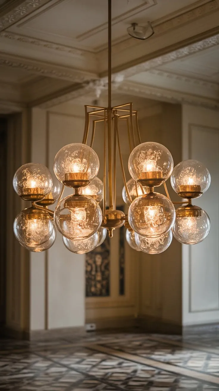 Bathed in the warm glow of a magnificent chandelier, this opulent space whispers tales of elegance and refined living. The intricate glass globes, each a tiny sun, cast a mesmerizing light across the richly patterned floor and ornate walls. A testament to timeless beauty.