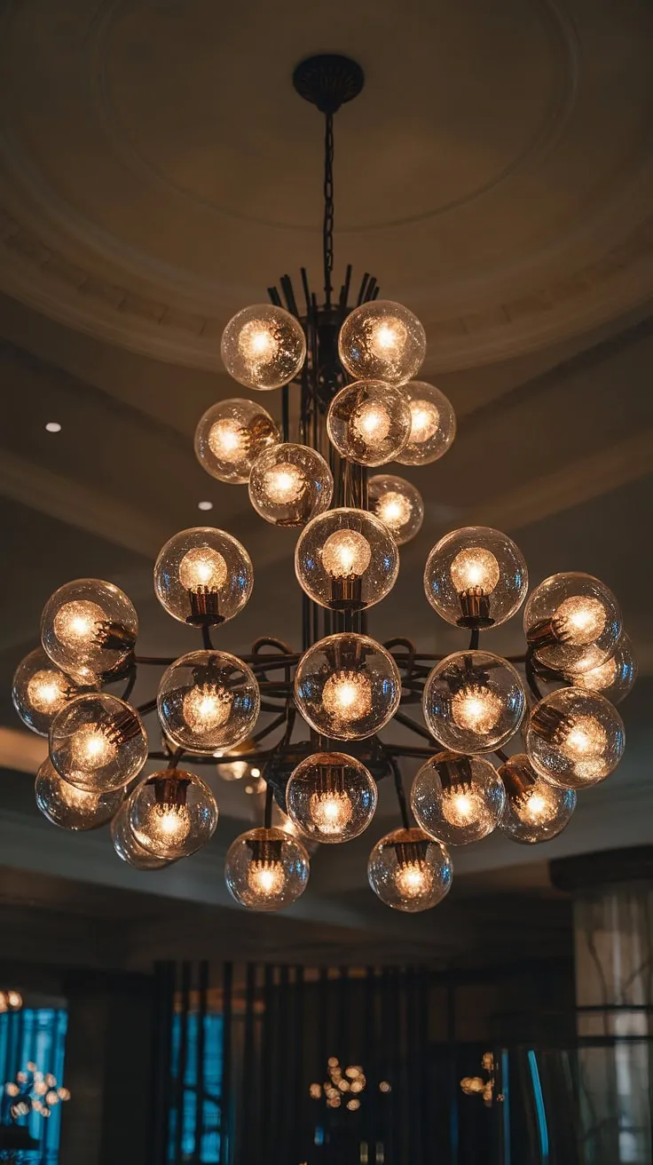 Bathed in the warm glow of countless glass globes, this magnificent chandelier illuminates the hotel lobby, a breathtaking centerpiece that speaks to timeless elegance and refined A-list style.