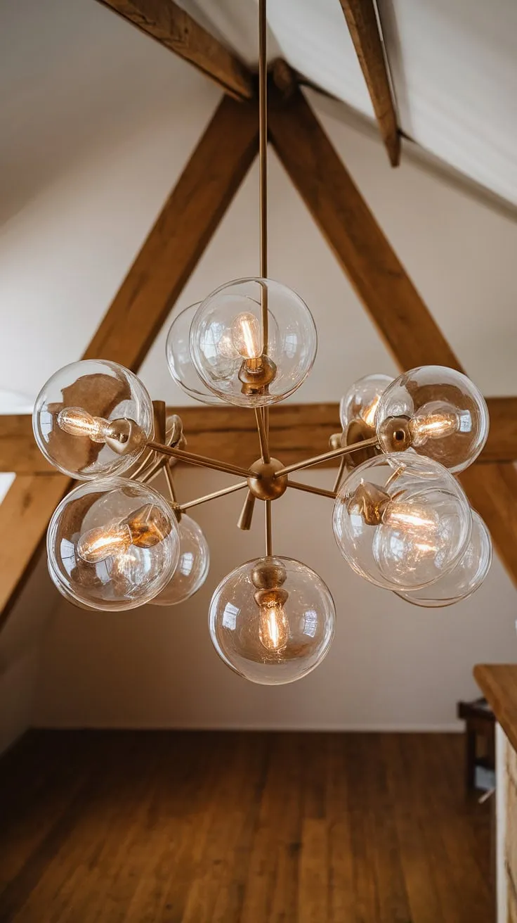 A stunning luminaire design, this chandelier's cascading glass globes illuminate the space with a soft, inviting light. The interplay of light and shadow, enhanced by the wooden beams above, creates a captivating scene. A truly breathtaking centerpiece.