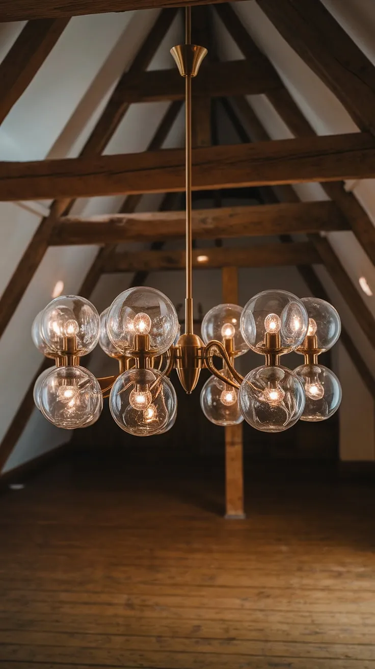 Bathed in the soft glow of the chandelier's glass globes, the room's rustic wooden beams and floors create a captivating contrast. A symphony of light and shadow dances across the space, highlighting the elegant craftsmanship of the fixture. A truly enchanting atmosphere.