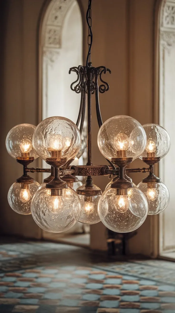 A symphony of light and glass, this magnificent chandelier commands attention. Its delicate arms, adorned with globes of varying sizes, create a captivating display of shimmering brilliance. A stunning focal point, it perfectly complements the room's rich architectural details and patterned floor, adding a touch of timeless elegance.