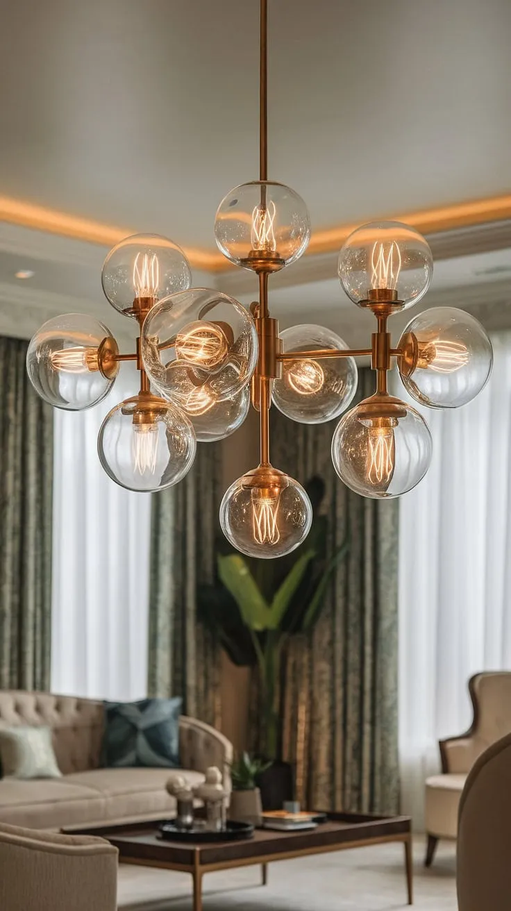 Bathed in the warm glow of its cascading glass globes, this elegant chandelier is the undeniable centerpiece of this luxurious living space. Its intricate design, a testament to exquisite craftsmanship, perfectly complements the sophisticated ambiance. A true statement piece, it transforms the room into a haven of refined beauty.