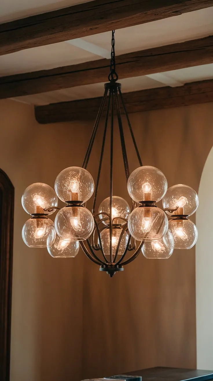 Bathed in the warm glow of its illuminated glass globes, this elegant chandelier, a stunning centerpiece a, transforms the simple wooden beam ceiling into a breathtaking focal point. The soft light dances across the table below, creating an inviting atmosphere.