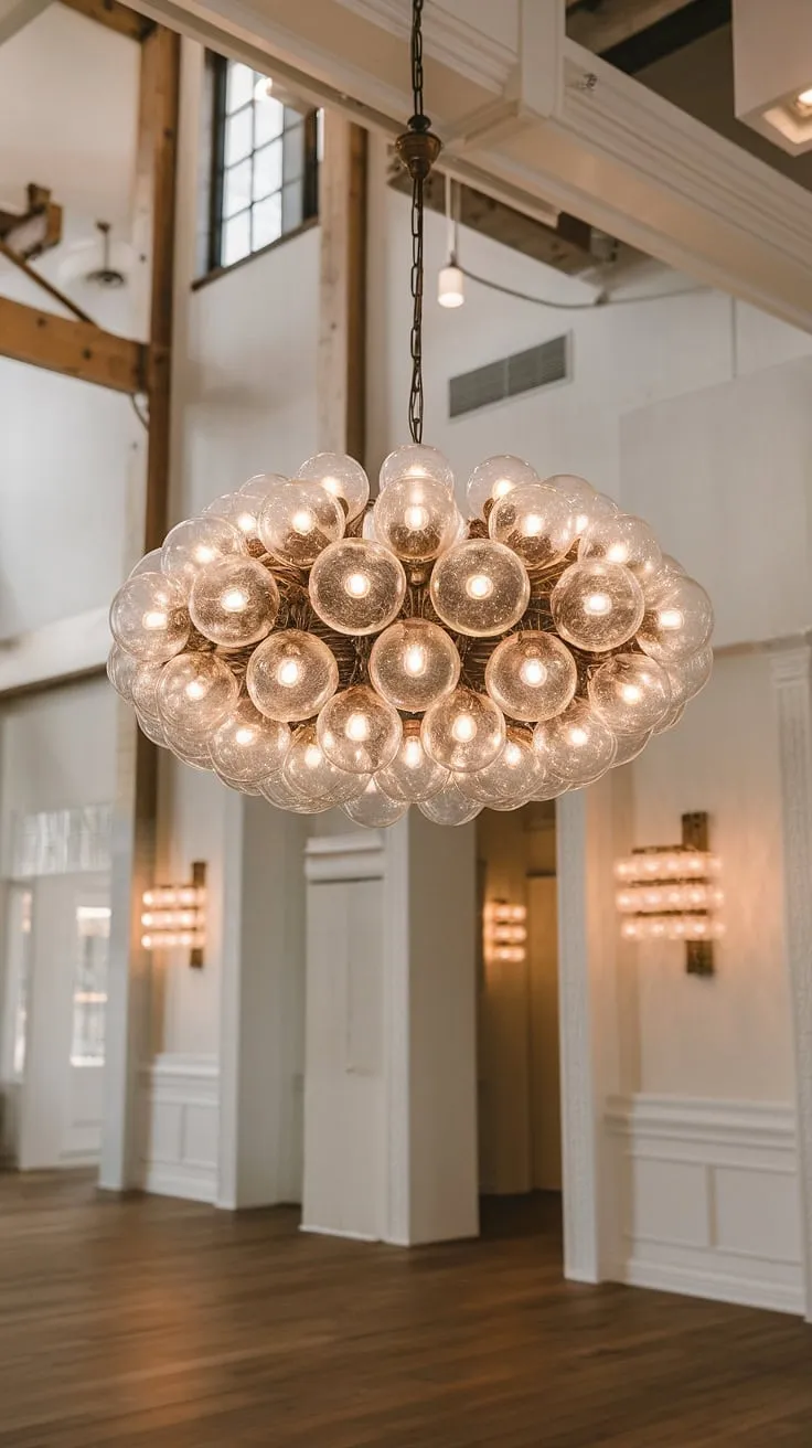 This breathtaking chandelier, a dazzling display of glass globes, is the undeniable centerpiece of this elegant room. Its A-class craftsmanship and timeless appeal create an atmosphere of understated luxury, perfectly enhanced by the warm wooden floors and crisp white walls. The lighting design is simply breathtaking.