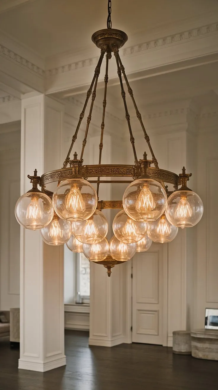 Bathed in the warm glow of a magnificent chandelier, the room's classic elegance is amplified, a testament to timeless design and luxurious detail. The intricate metalwork and glowing glass globes create an atmosphere of refined sophistication. A true centerpiece, it transforms the space into a haven of calm and beauty.