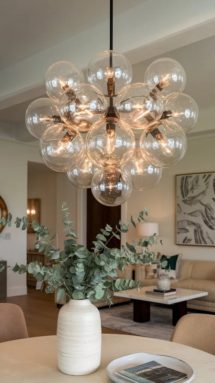 Suspended above the quiet elegance of the living room, the multifaceted glass chandelier is a breathtaking focal point. Its light dances across the beige sofa and wooden floor, highlighting the carefully curated details, from the artwork on the wall to the simple greenery in the white vase.