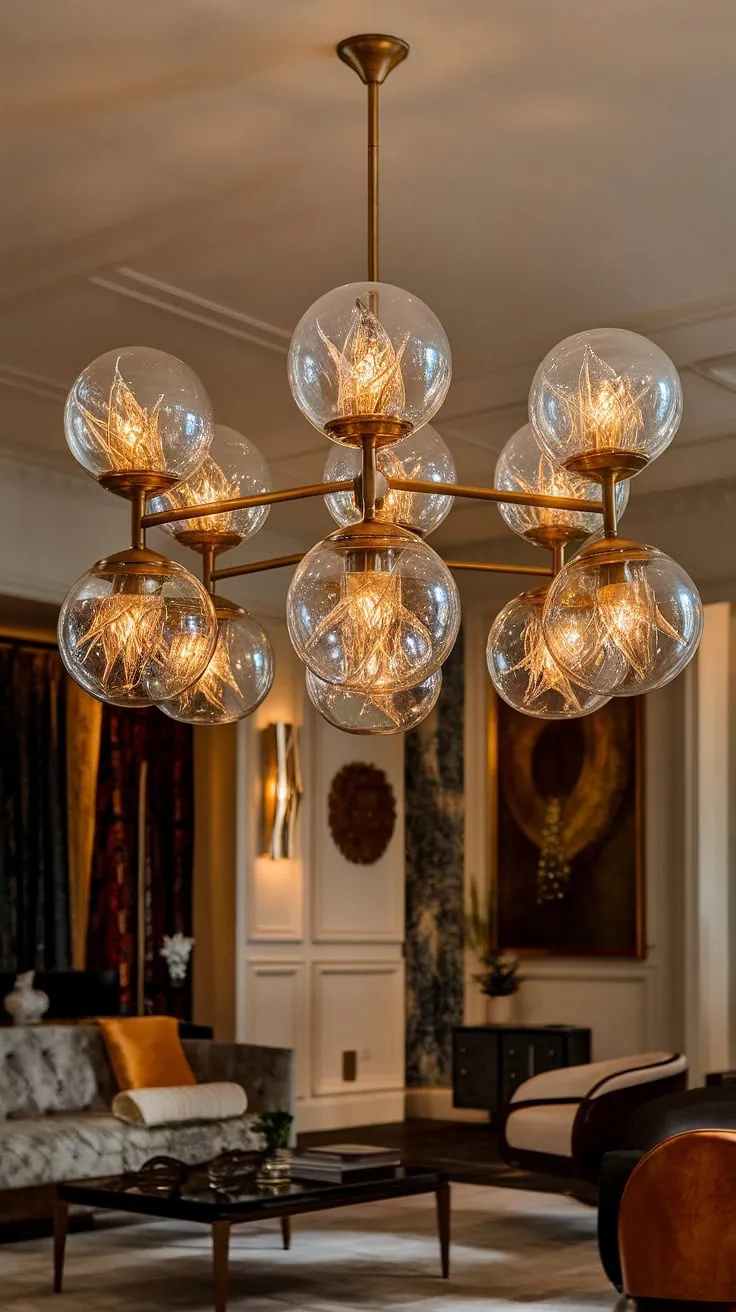 Bathed in the warm glow of its exquisite glass globes, this chandelier is the undeniable heart of the room, a testament to timeless elegance and luxurious design. Its presence elevates the space, transforming it into a sanctuary of refined comfort. A masterpiece of craftsmanship, it casts a captivating light, illuminating the surrounding artwork and furniture, creating an atmosphere of sophisticated serenity. A true showstopper.