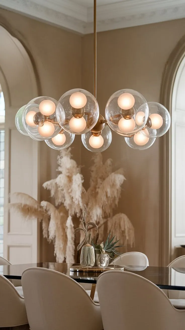 The gentle luminescence of the globe lights, diffused through the frosted glass of the chandelier, transforms this dining space into a haven of serenity. A sophisticated centerpiece, it perfectly complements the neutral tones and elegant furnishings, creating a truly captivating atmosphere.