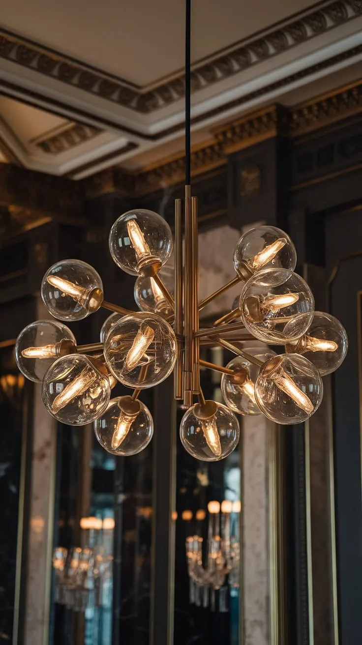 A breathtaking chandelier, a cascade of glowing glass globes, anchors this luxurious interior. The warm light dances across the dark, ornate surfaces, highlighting the intricate details and creating a captivating ambiance. A truly unforgettable setting.