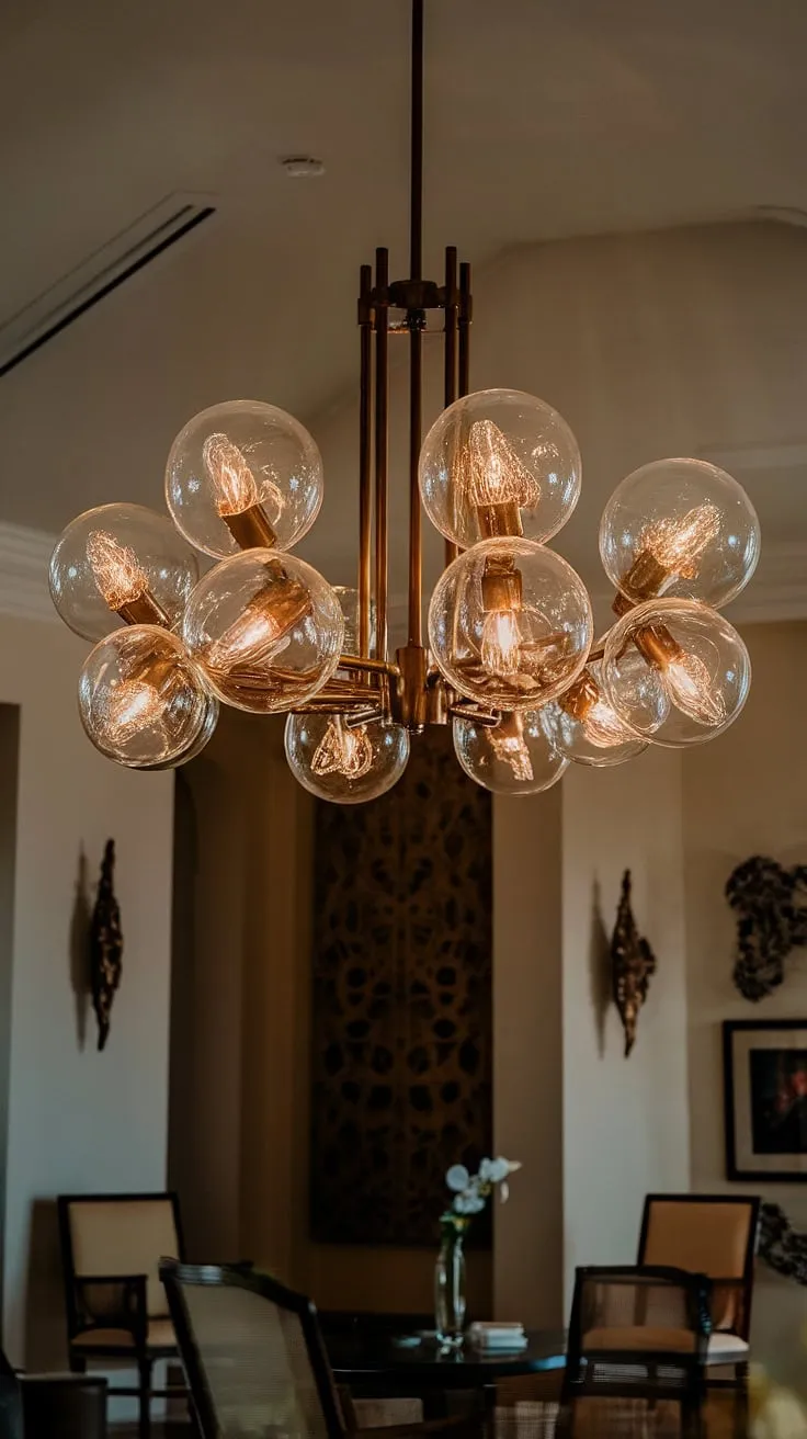 Bathed in the warm, golden glow of this elegant chandelier, the room feels instantly inviting. Its cascading glass globes create a mesmerizing spectacle, a testament to timeless craftsmanship and refined taste. A perfect setting for intimate gatherings and cherished moments.
