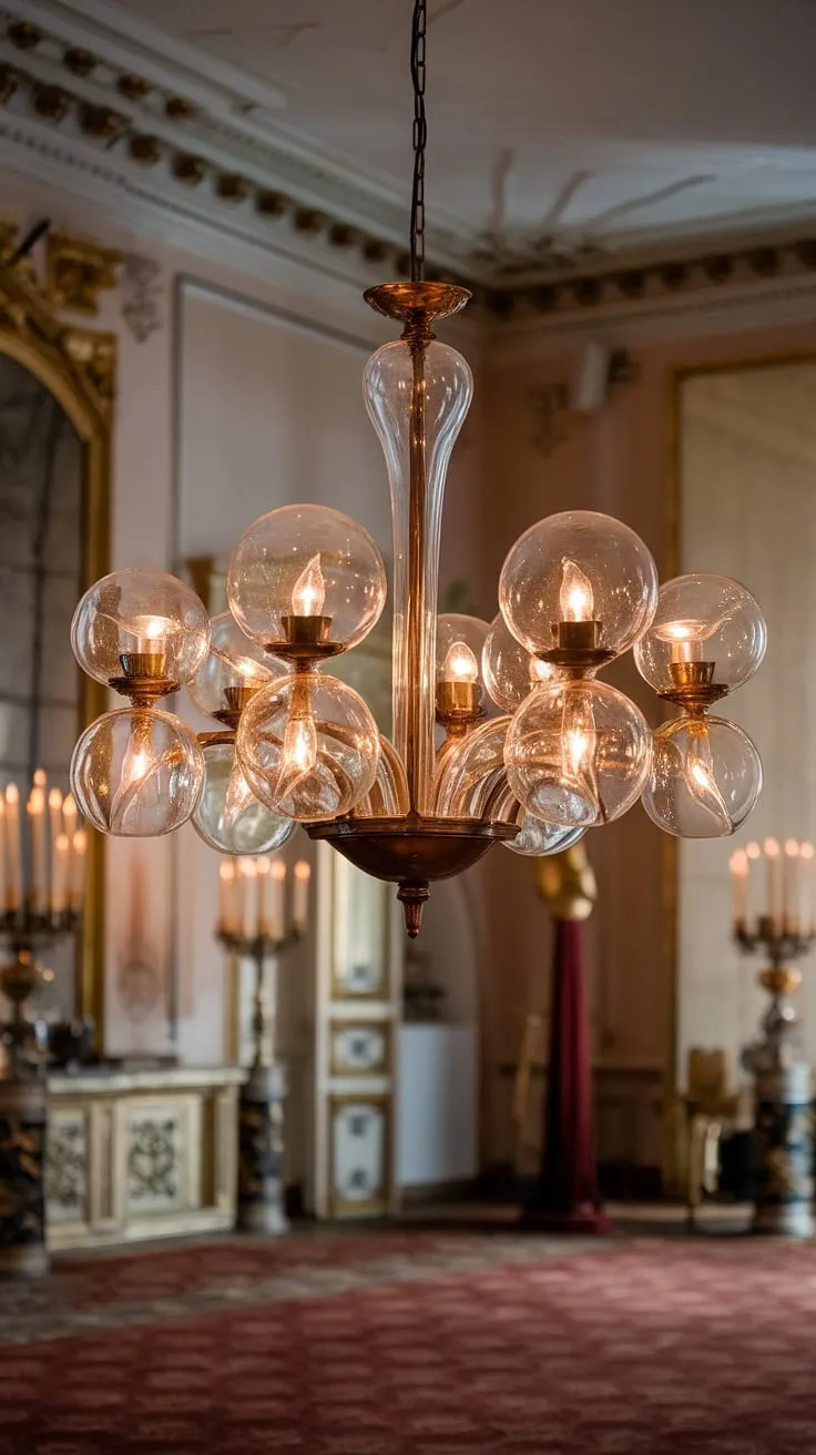 Bathed in the warm glow of its countless glass globes, the magnificent chandelier casts a spell over the opulent room, its light dancing across the plush red carpet and reflecting in the gilded mirror. A testament to timeless elegance, it's a centerpiece that speaks volumes about the refined taste of its owner. A truly breathtaking spectacle.