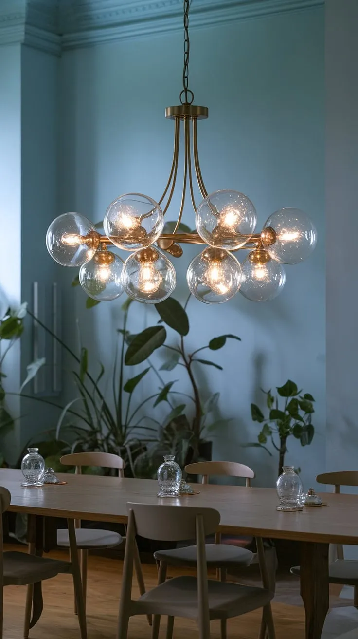 A symphony of light and shadow dances across the room, the luminaire's globe lights reflecting in the polished wood floor. The chandelier, a breathtaking centerpiece, illuminates the scene with its delicate glass globes, enhancing the tranquil ambiance.