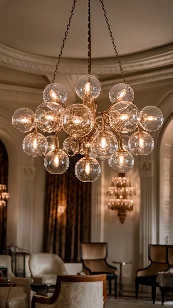 An exquisite chandelier, a symphony of glass and light, takes center stage in this opulent room. The soft illumination dances across the ornate furnishings, creating a scene of breathtaking beauty and sophisticated charm.