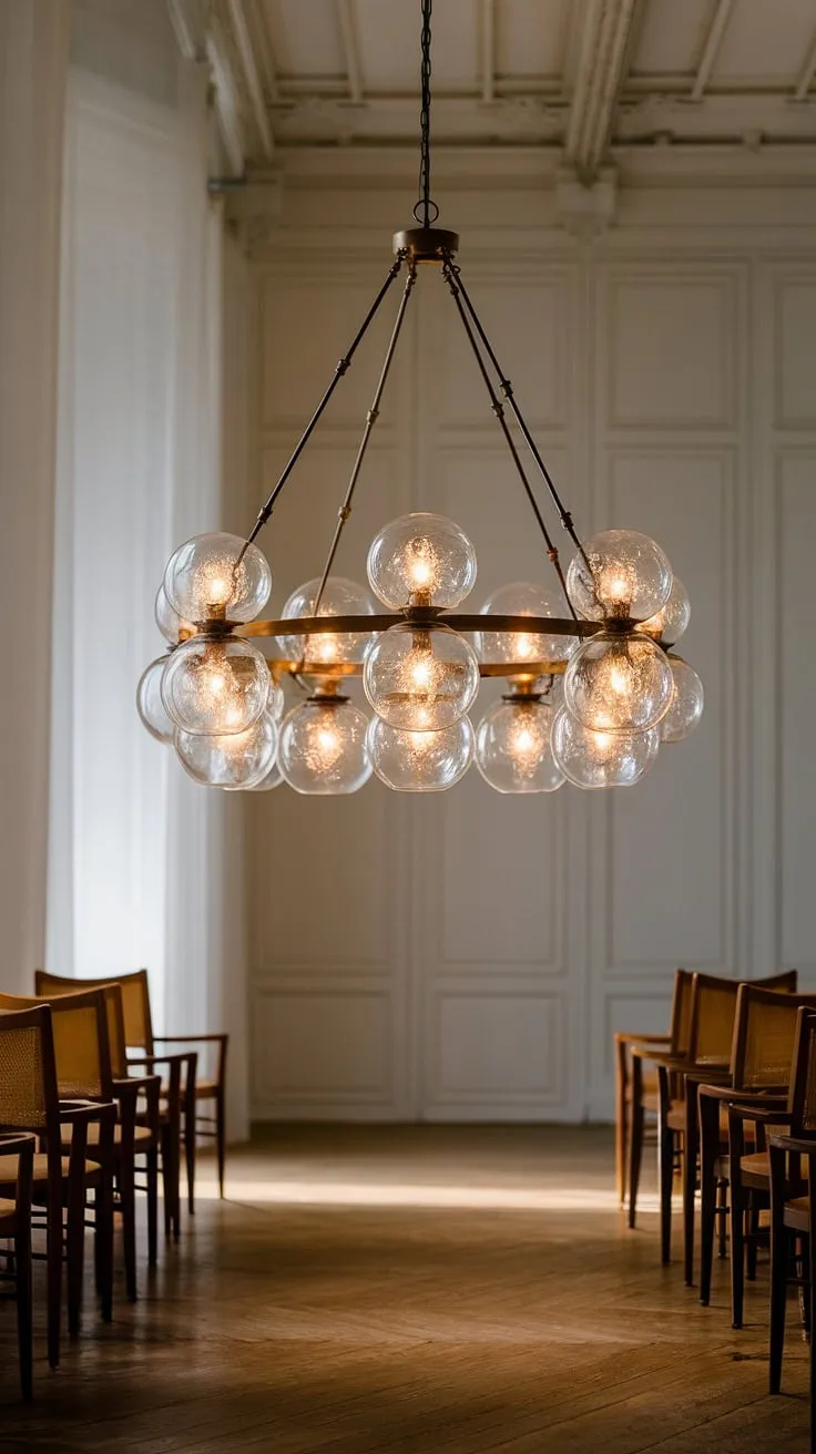 A symphony of light and glass, this stunning chandelier hangs delicately from the ceiling, its golden globes illuminating the room with a gentle warmth. The simple wooden chairs and white walls provide the perfect backdrop for this exquisite piece, A true statement of refined taste.