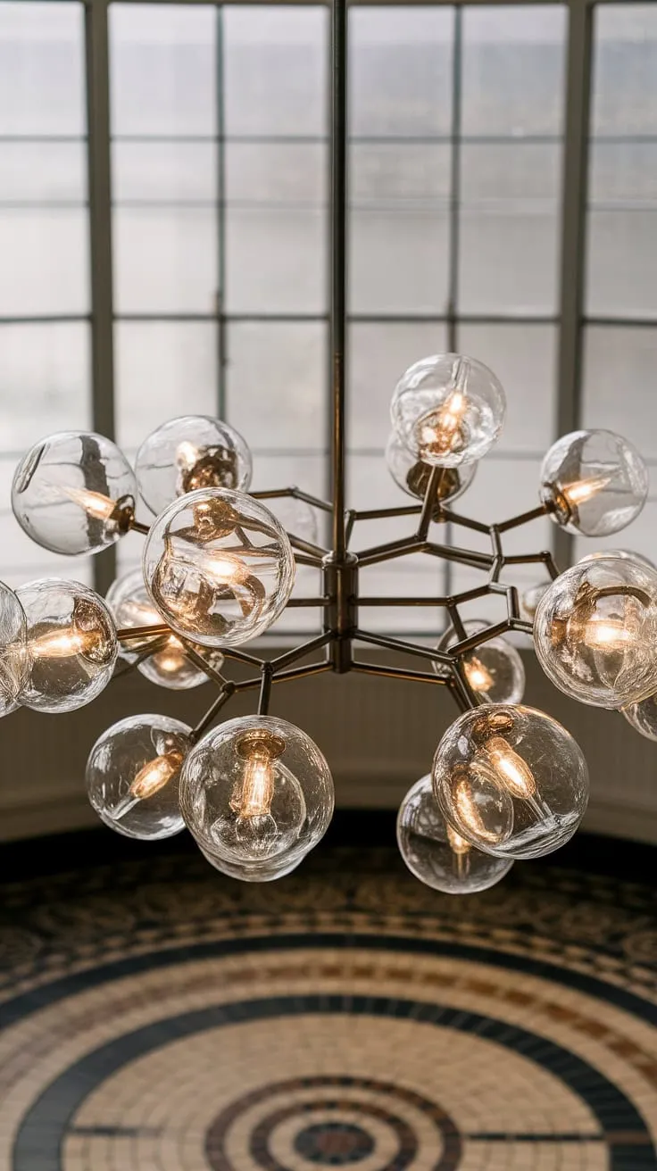 A symphony of light and glass, this elegant chandelier casts a warm glow across the room, its intricate branches and delicate globes creating a breathtaking focal point. The interplay of light and shadow, reflected in the patterned floor and filtered through the large windows, elevates the space to a realm of refined beauty. A testament to timeless craftsmanship and understated luxury.