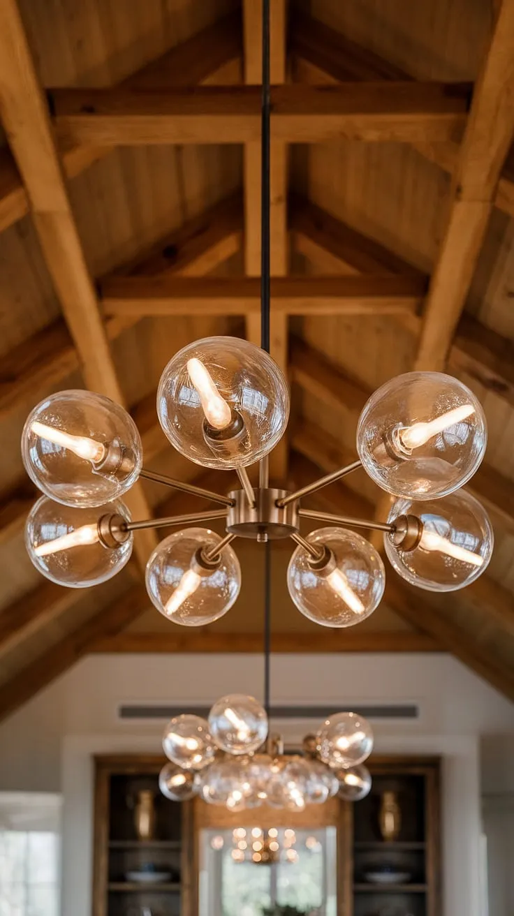 A symphony of light and shadow dances across the wooden beams, as the meticulously crafted chandelier casts its warm embrace. Each glass globe, a tiny sun, contributes to the overall ambiance. A testament to exquisite craftsmanship and thoughtful design.