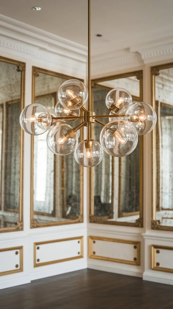 A breathtaking display of light and luxury, this chandelier's cascading glass globes illuminate the room with an ethereal glow. The reflection in the surrounding gold-framed mirrors creates a dazzling spectacle, enhancing the richness of the dark wood floor. A stunning focal point, it embodies refined elegance and sophisticated design.