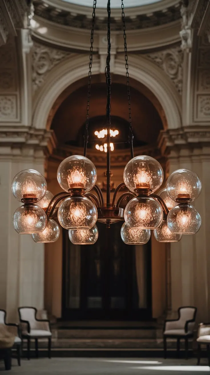 Bathed in the warm glow of its many glass globes, the chandelier hangs as a majestic centerpiece, its elegant form a testament to timeless artistry. The soft light dances across the ornate details of the grand room, creating an atmosphere of refined elegance. A breathtaking spectacle, it transforms the space into a sanctuary of calm and sophistication.
