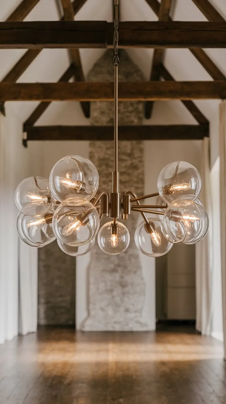A breathtaking chandelier, a symphony of glass globes and soft light, hangs suspended in a room where rustic charm meets refined elegance. The interplay of light and shadow, cast by the chandelier's many arms, highlights the textures of the stone walls and wooden beams. A truly captivating scene, where history and artistry intertwine.