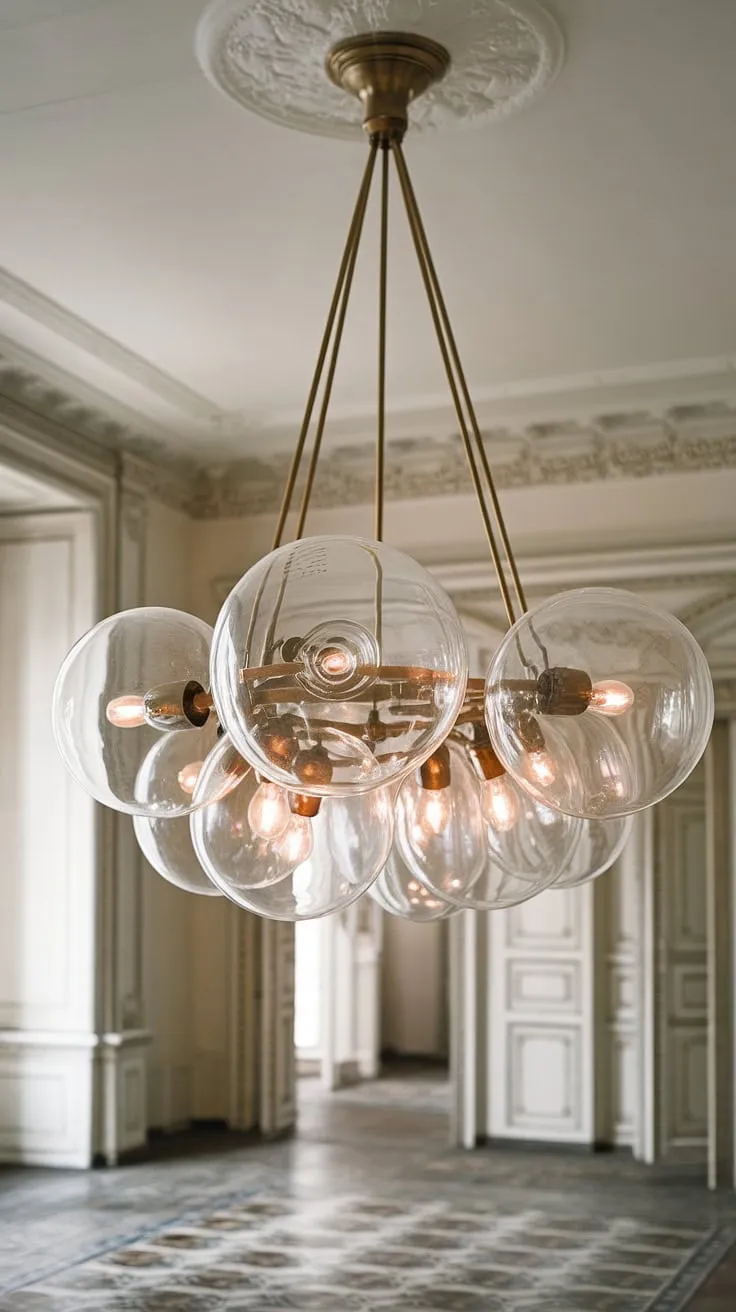 A symphony of light and glass, this stunning chandelier hangs suspended from the high ceiling, its numerous globes casting a soft, ethereal glow across the ornate room. A perfect blend of classic design and modern illumination, it's a captivating focal point, adding a touch of refined elegance to the space. A captivating display of craftsmanship.
