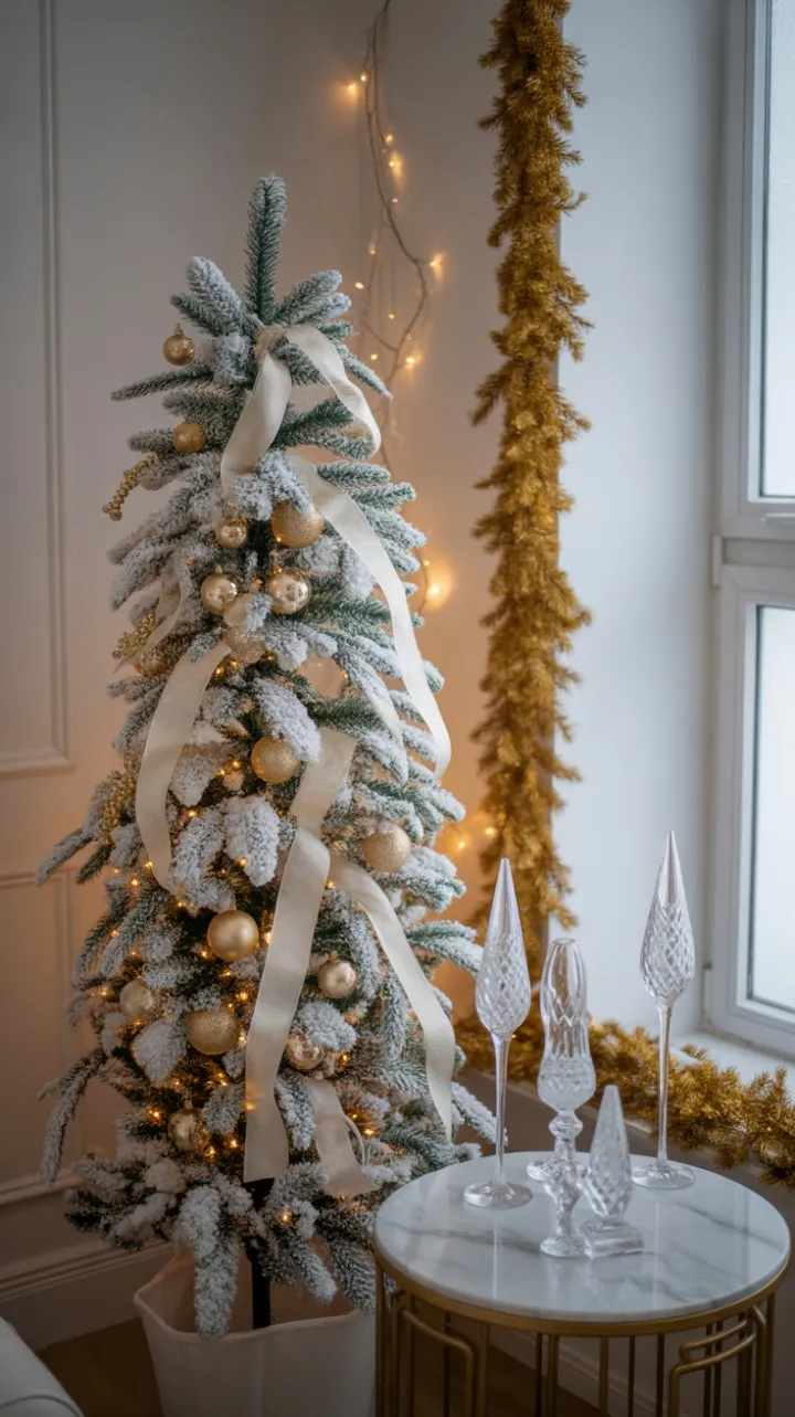 Snow-Flocked Tree and Golden-Glow Holiday Corner