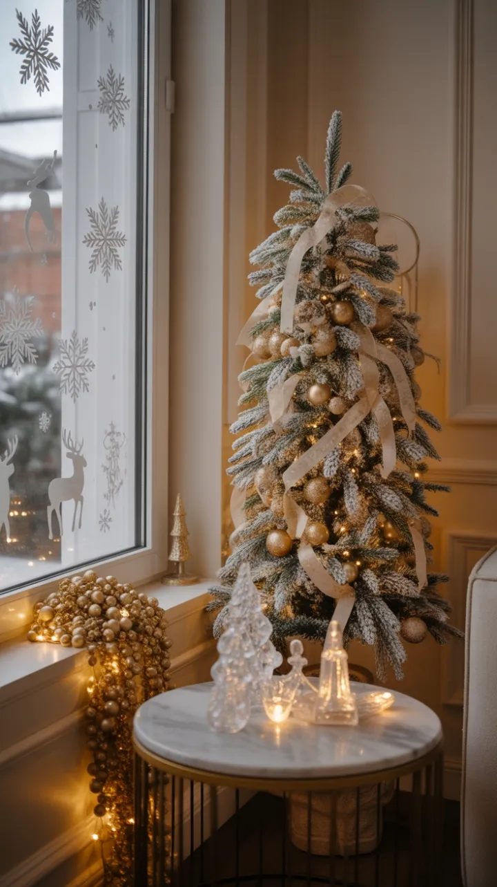 Snow-Kissed Holiday Elegance in a Golden Living Room