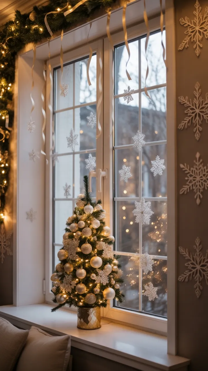 Golden-Trimmed Window of Crystal Snowflakes and Cozy Holiday Light