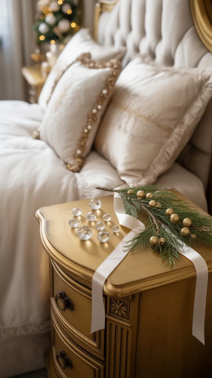Gilded Holiday Nightstand Bathed in Warm Light