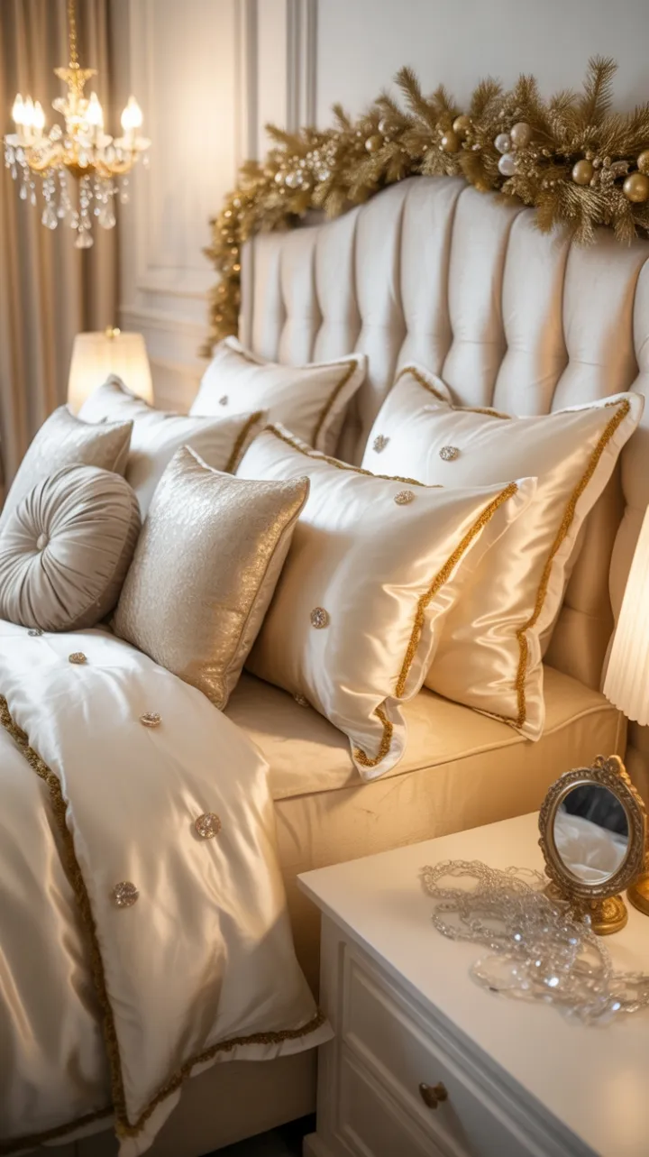 Gilded Satin Sanctuary – Luxurious White and Gold Queen Bed