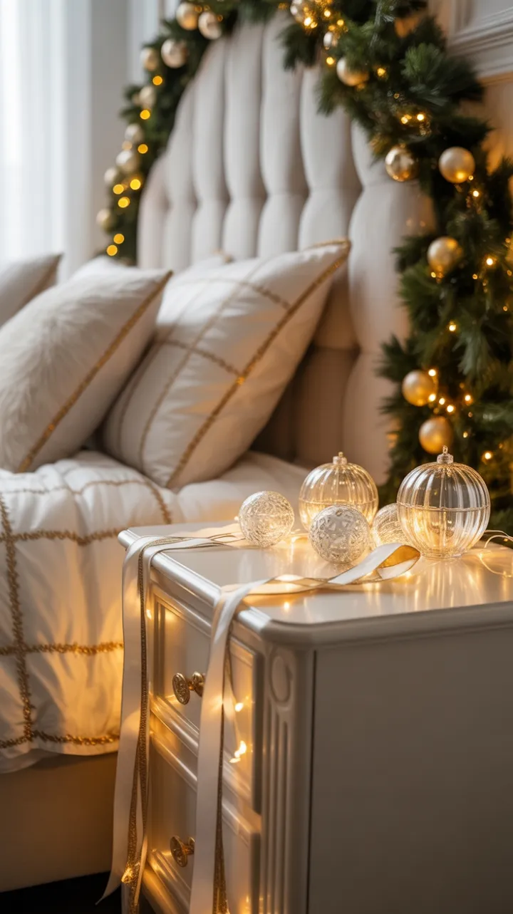 Gilded Christmas Nightstand Bathed in Warm Glow