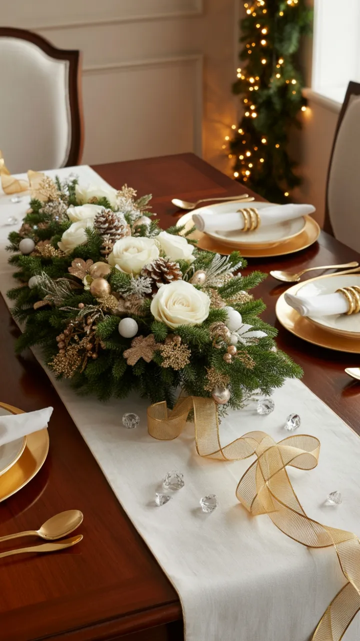 Gilded Holiday Table of White Roses, Evergreens, and Twinkling Lights