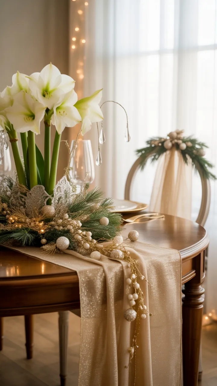 Gilded Christmas Table with White Amaryllis and Crystal Sparkle
