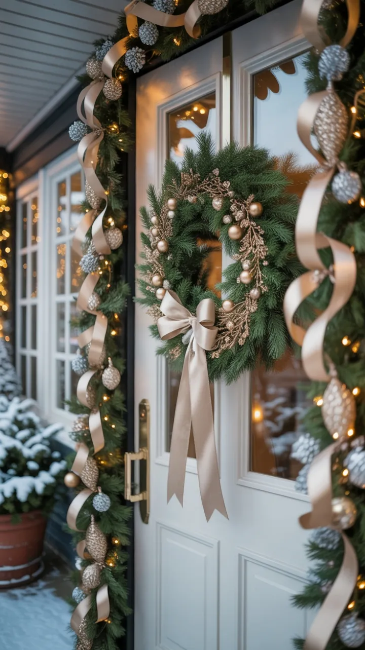 Gilded Wreath and Satin Bow on a Snow-Kissed Porch