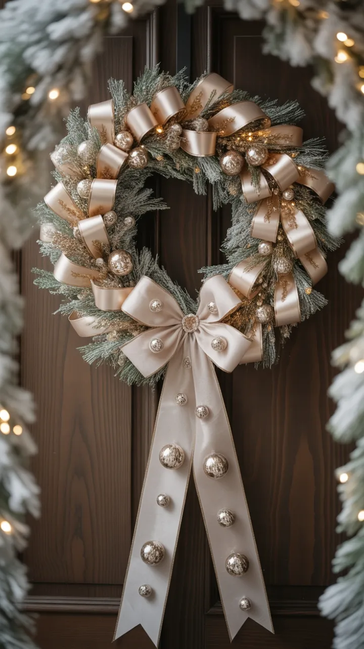 Champagne Ribbon and Crystal Wreath on a Velvet-Bowed Door