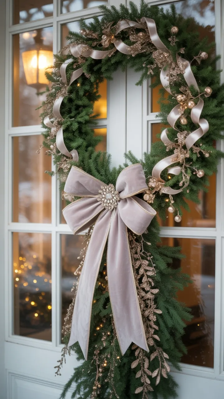 Gilded Evergreen Welcome with Velvet Bow and Crystal Sparkle on a Snowlit Porch