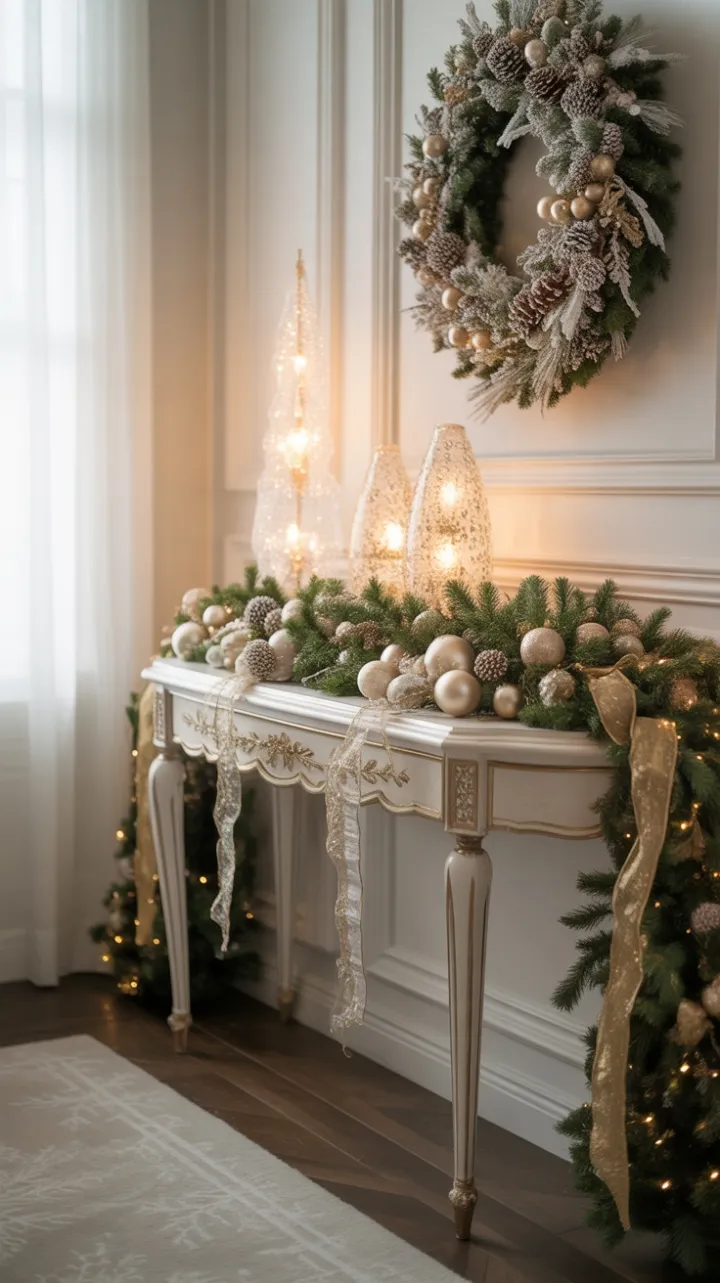 Gilded Holiday Welcome with Crystal-Trimmed Console and Frosted Wreath