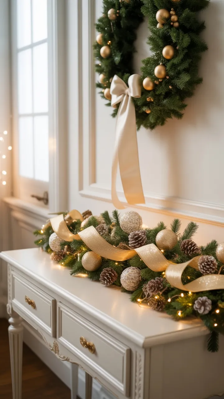 A Gilded Holiday Welcome in a White Entryway
