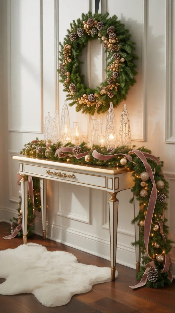 Gilded Holiday Entryway with Crystal Accents and Velvet Garland